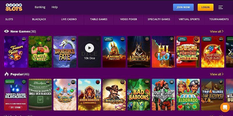 Super Slots casino lobby for Alabama players